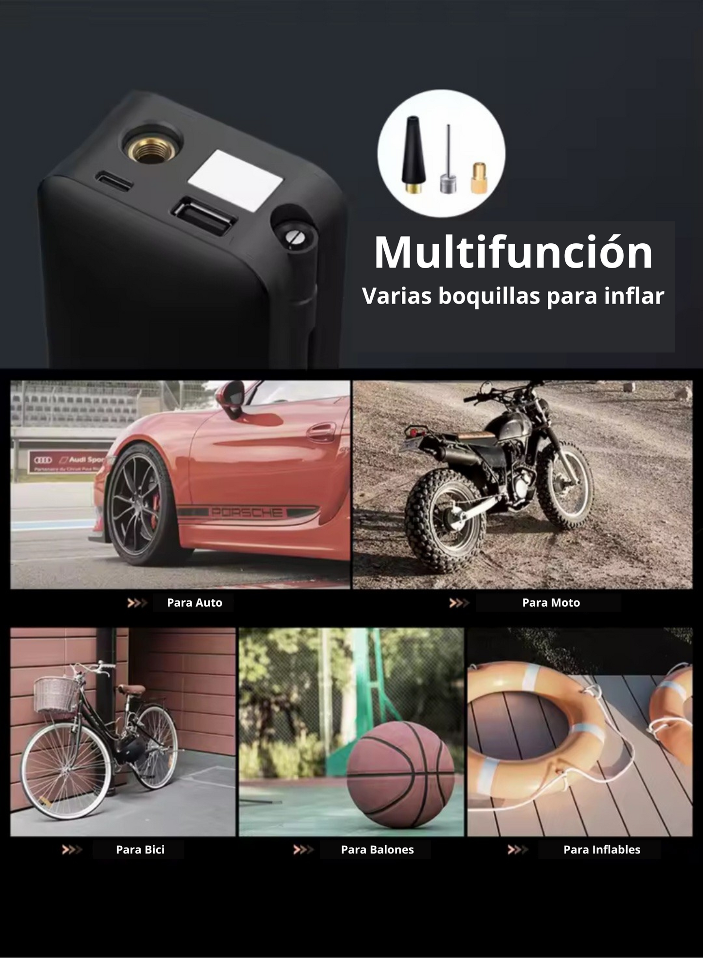 Inflador portátil para Autos, Motos y Bicicletas - Compacto, Rápido y sin Esfuerzos